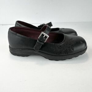 Self Esteem Black Flats Floral Design with Strap Burgundy Girls Sz 12.5M